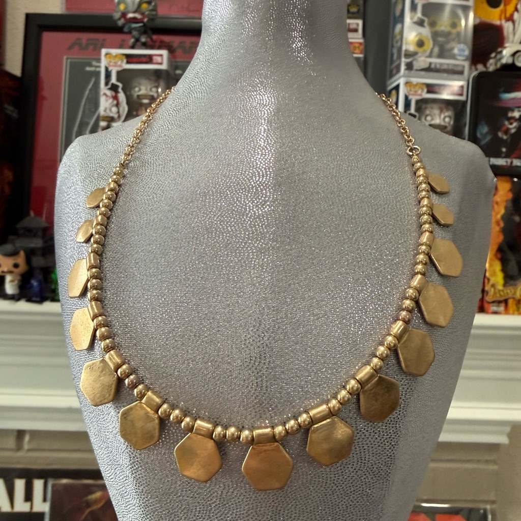 Charming Charlie Gold Tone Beaded Hexagon Disc Necklace- Boho Chic 20$